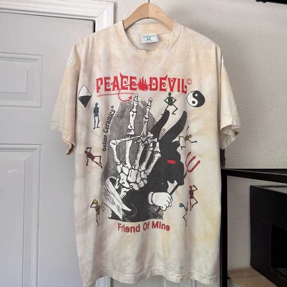 ONLINE CERAMICS cream white tie dye graphic skull peace crew neck tee - Picture 1 of 6